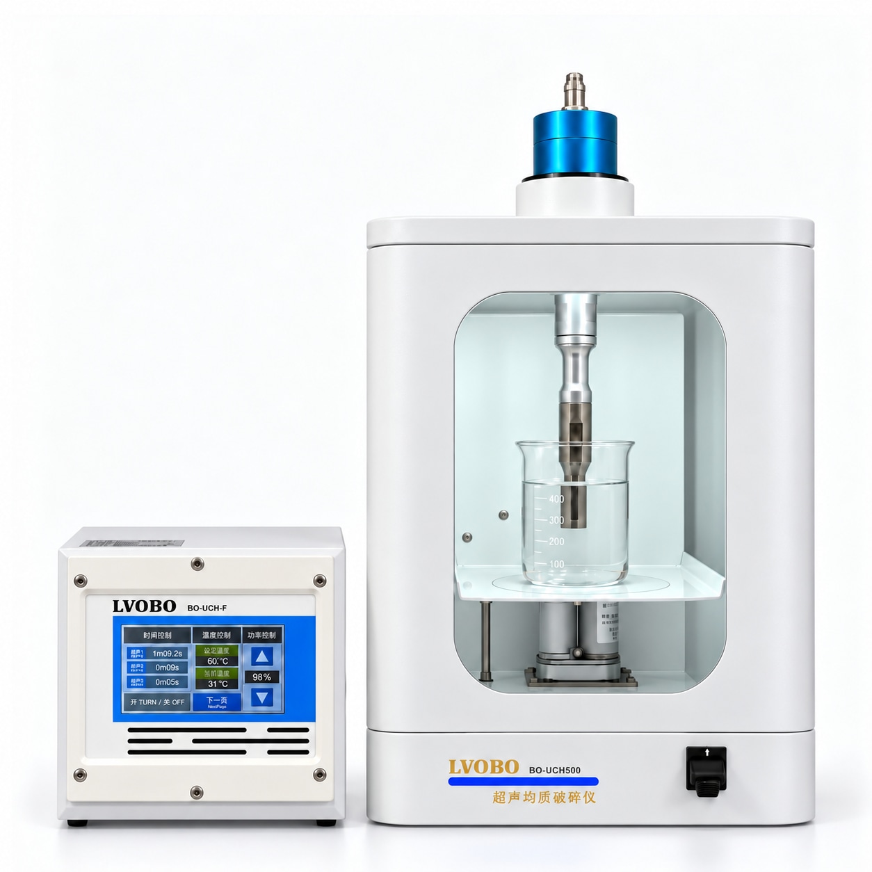 BO-UCH800F 600W probe sonicator with acoustic enclosure and separate touchscreen controller